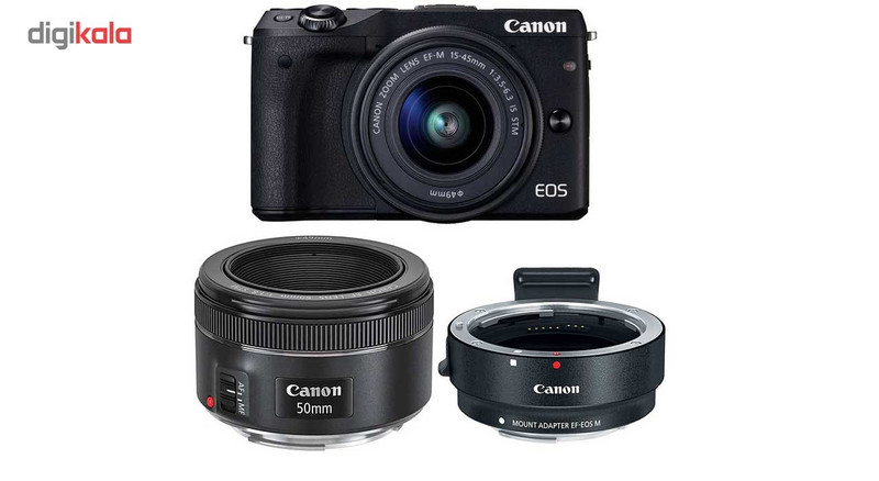 دوربین کانن مدل EOS M3  45-15 EF-M و EF 50mm f/1.8 STM  و آداپتور لنز کانن Mount Adapter EF-EOS M  24.7 مگاپیکسل  